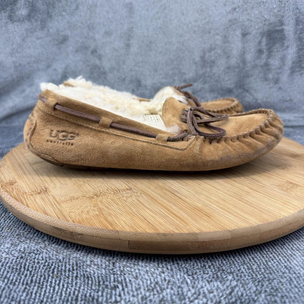UGG Shoes Womens Size 6 Brown Suede Moccasin Slippers Shearling Lined Indoor